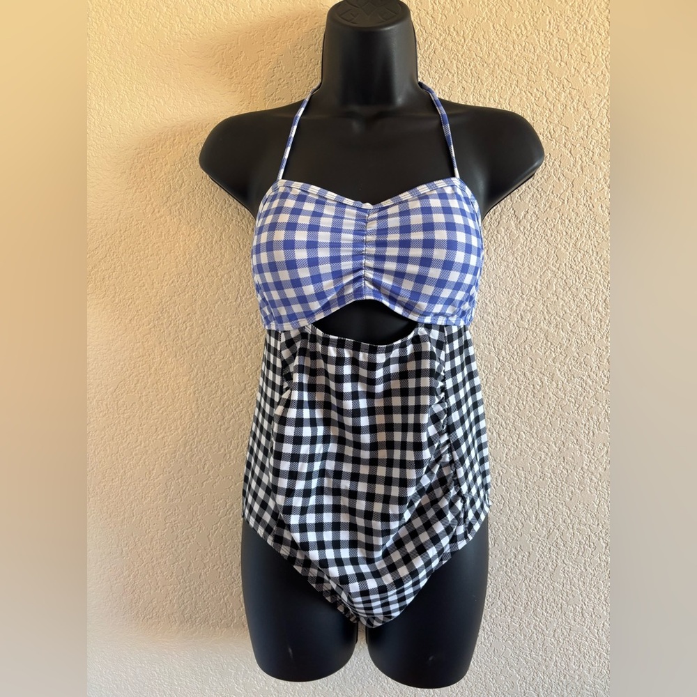 Beach Bump Gingham Blue and Black Halter Swimsuit NEW
